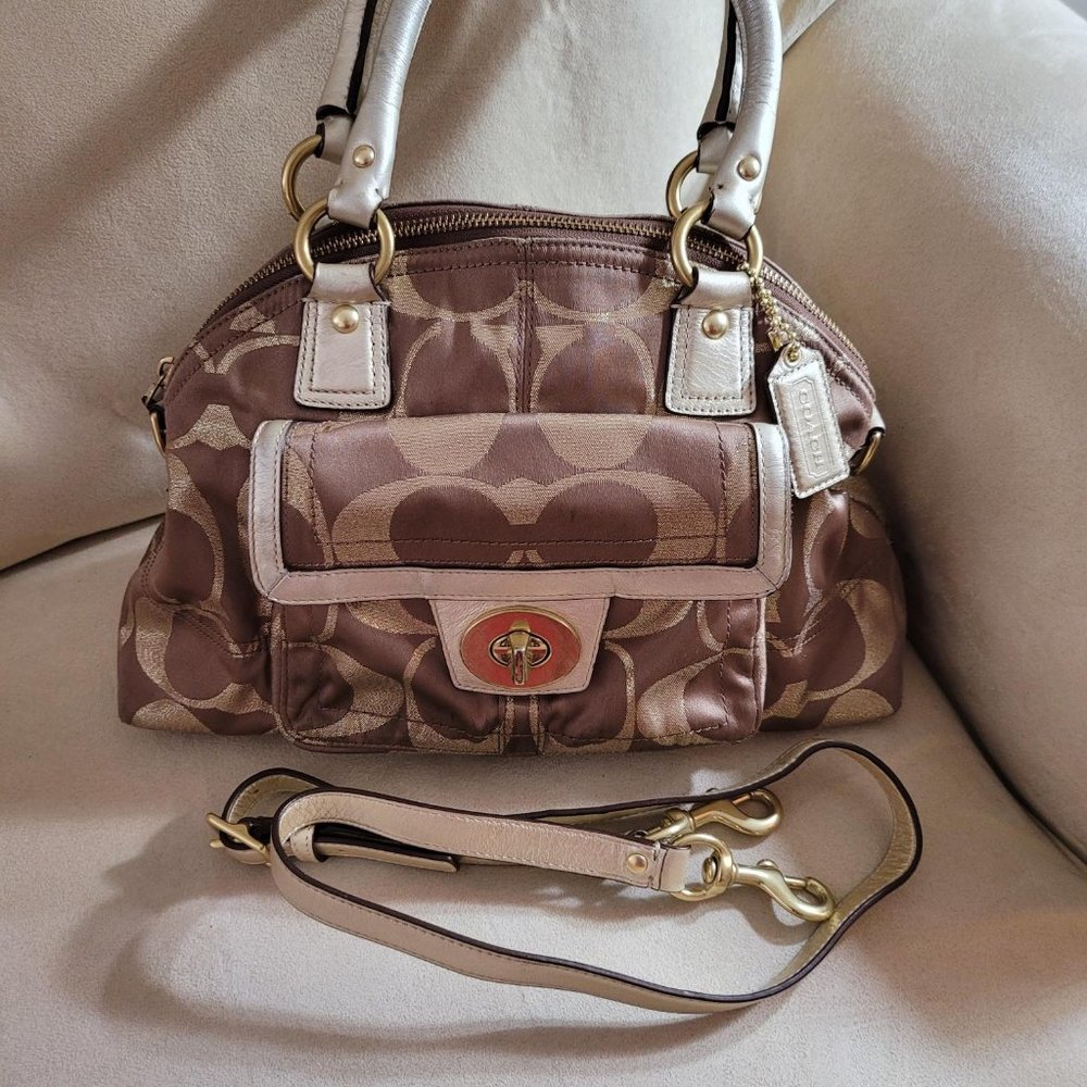 Coach Signature Mushroom / Metallic Gold Satchel w/ Detachable Shoulder Strap